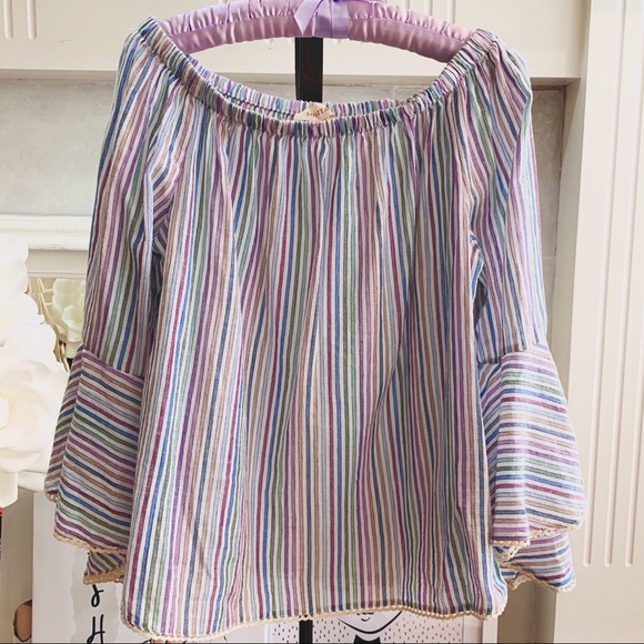 SOLITAIRE RAINBOW STRIPED BELL SLEEVE OFF SHOULDER - Picture 2 of 16